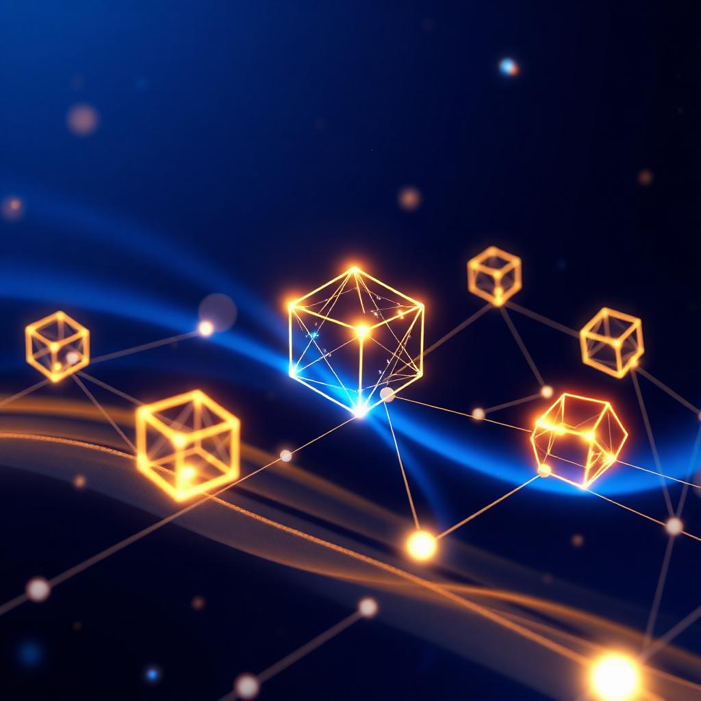 Ilustração de rede blockchain com nós conectados representando ativos digitais